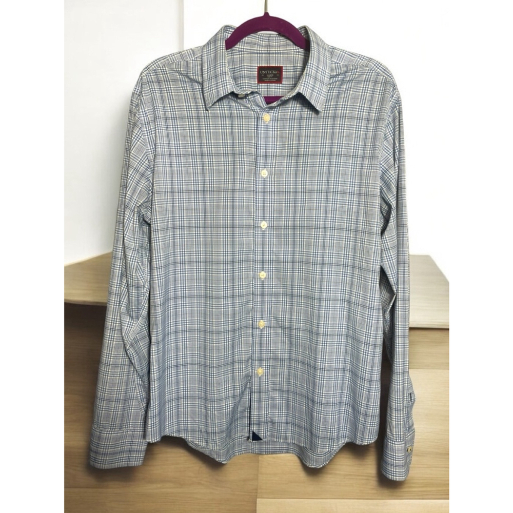 Size L Untuckit Blue & White Plaid Slim Fit Button Down Long Sleeve Shirt 40809